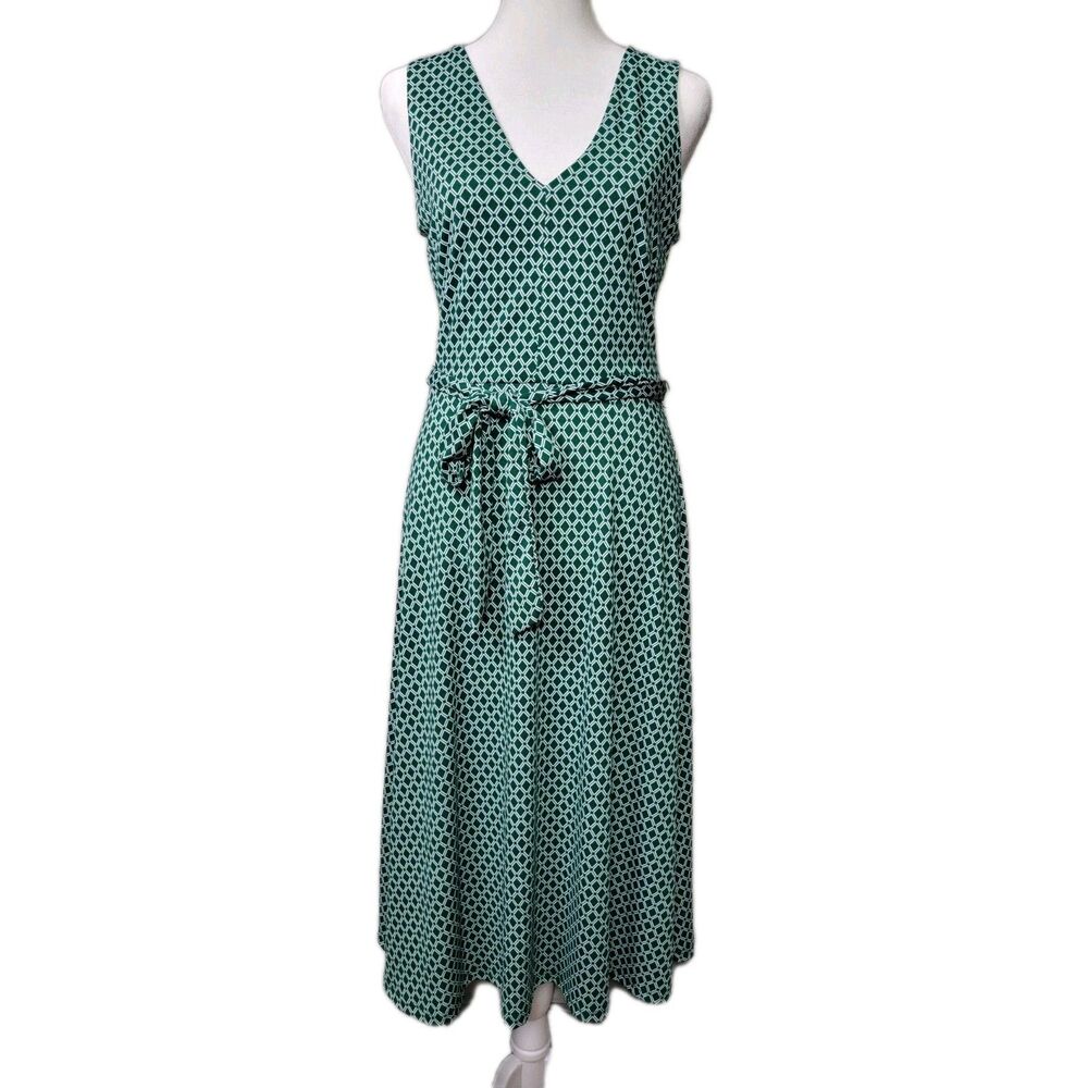 H&M Green White Geometric Print Sleeveless Midi Jersey Dress Womens Small Preppy